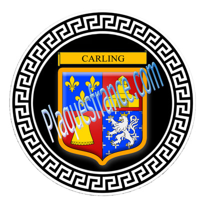 Plaque métal décorative fond noir ronde Ø 30 cm blason Carling, canton Sarralbe Moselle 57