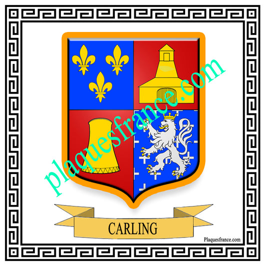 Plaque métal décorative fond blanc carrée30 x 30 cm blason Carling, canton Sarralbe Moselle 57