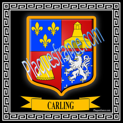 Plaque métal décorative fond noir carrée30 x 30 cm blason Carling, canton Sarralbe Moselle 57