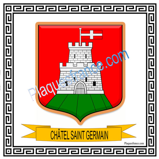 Plaque métal décorative  fond blanc carré 30 x 30cm  blason Châtel-Saint-Germain, canton Les Coteaux de Moselle 57