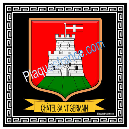 Plaque métal décorative  fond noir carré 30 x 30cm  blason Châtel-Saint-Germain, canton Les Coteaux de Moselle 57