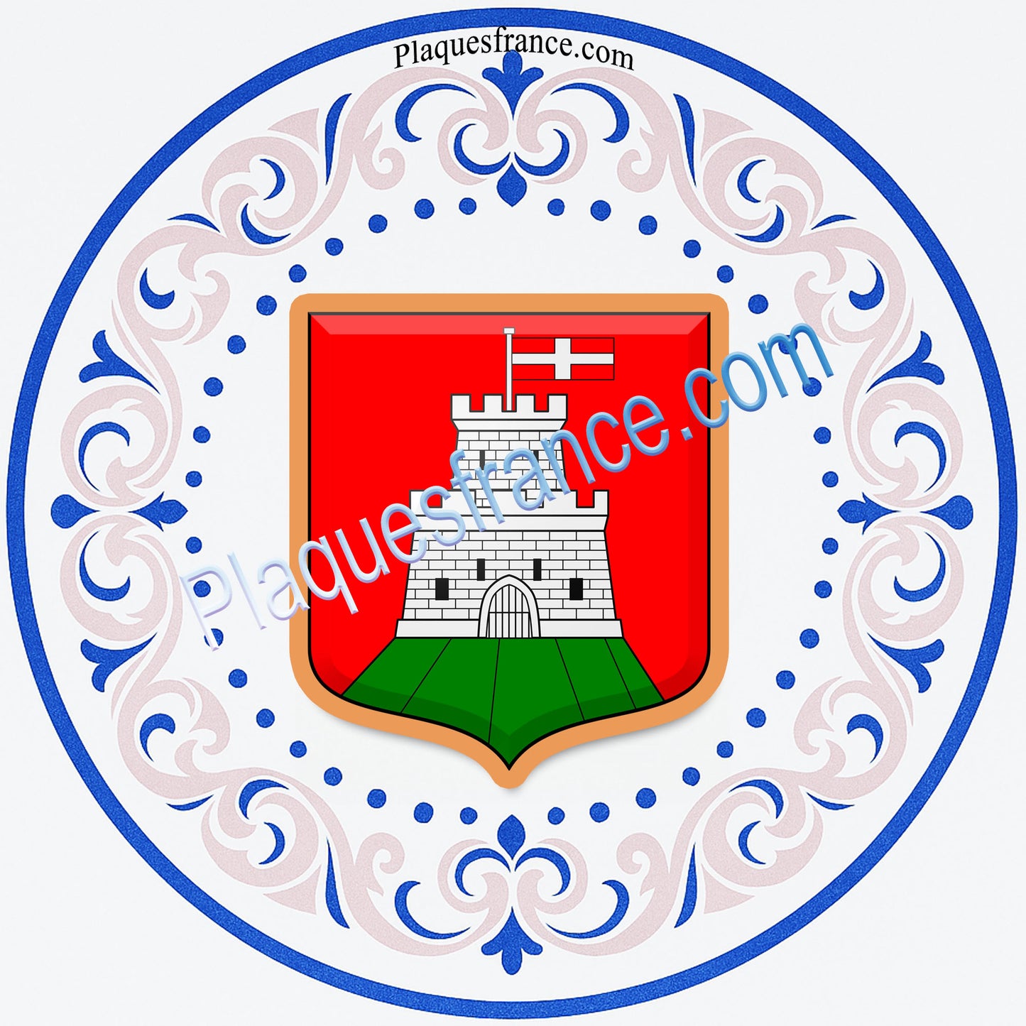 Plaque métal décorative façon assiette aile lys rond Ø 30cm  blason Châtel-Saint-Germain, canton Les Coteaux de Moselle 57