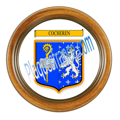 Plaque métal décorative façon cadre bois ronde Ø 30 cm blason Cocheren, canton Forbach Moselle 57