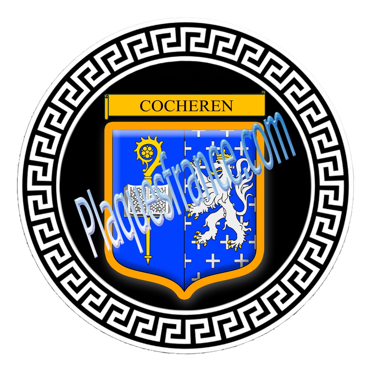 Plaque métal décorative fond noir ronde Ø 30 cm blason Cocheren, canton Forbach Moselle 57