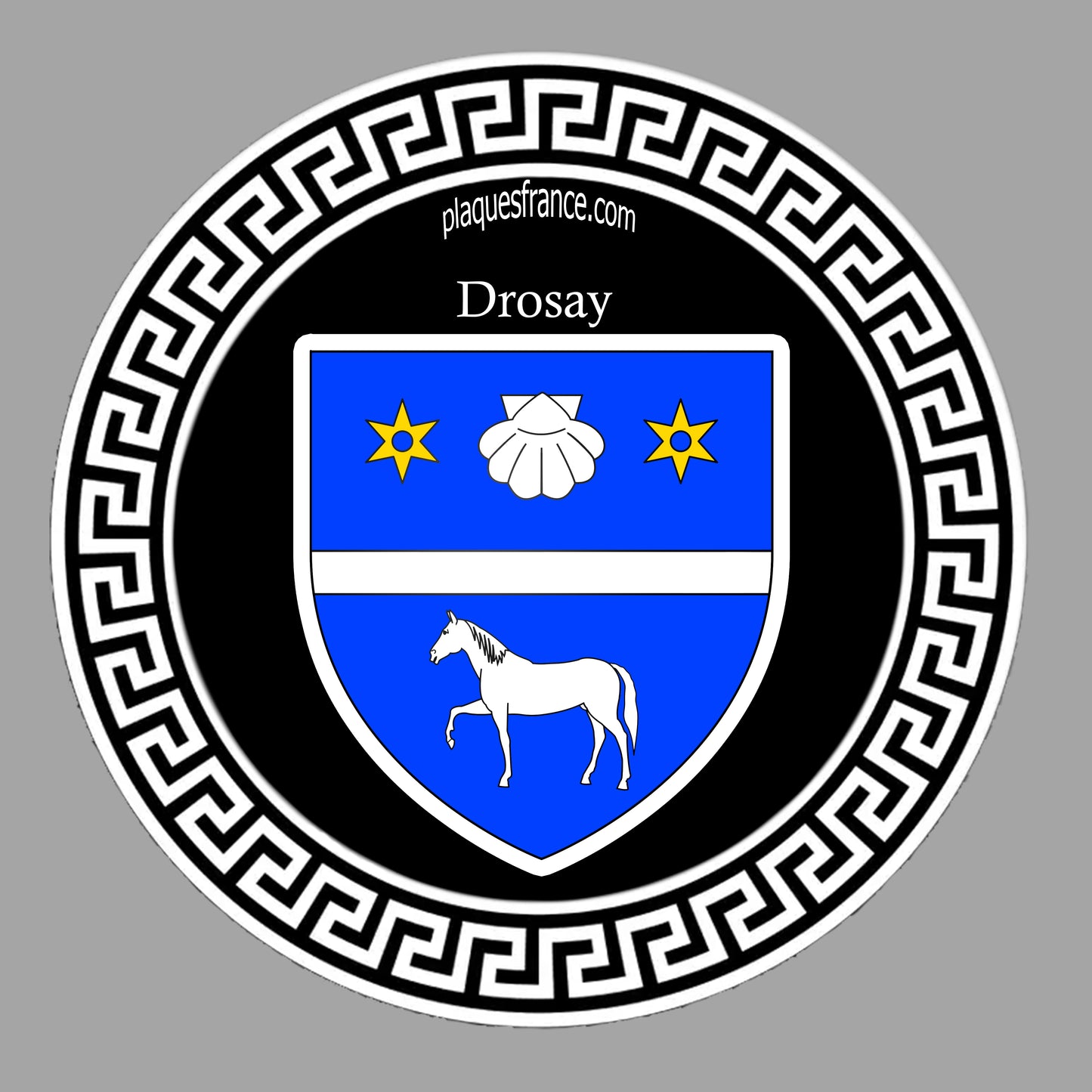 Plaque métal décorative ronde noire Ø 30 cm blason Drosay, Seine Maritime (76)