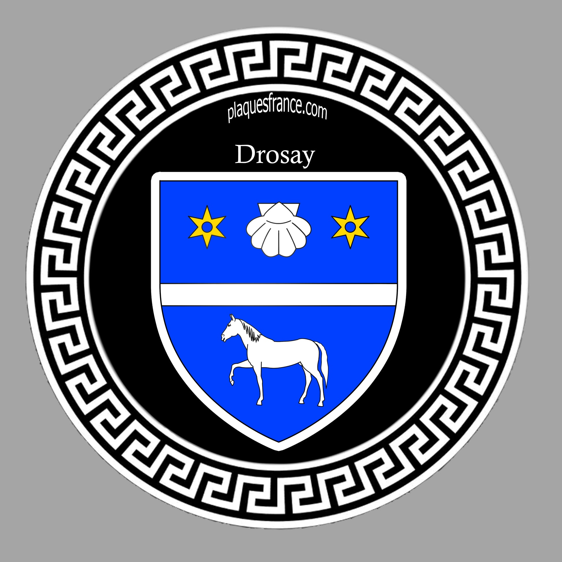 Plaque métal décorative ronde noire Ø 30 cm blason Drosay, Seine Maritime (76)
