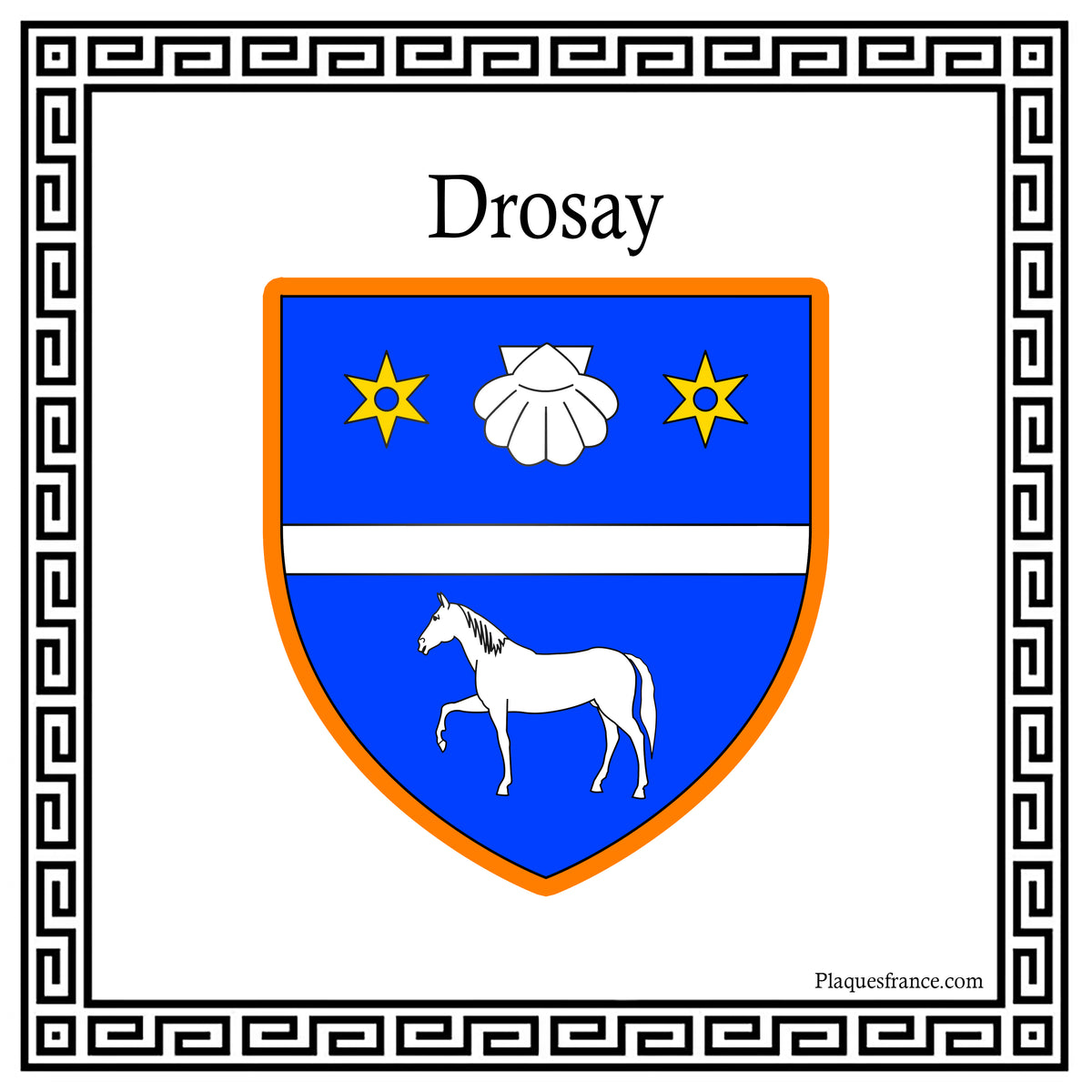 Plaque métal décorative carrée blanche 30X30 cm blason Drosay, Seine Maritime (76)
