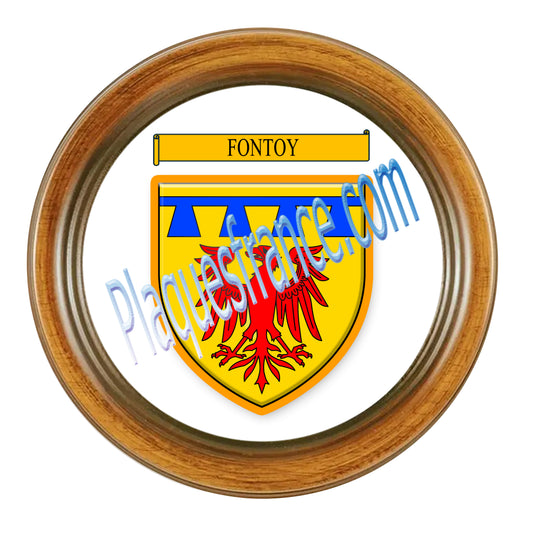 Plaque métal décorative façon cadre bois ronde Ø 30 cm blason Fontoy, canton Algrange Moselle 57