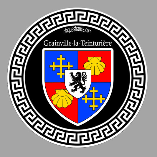 Plaque métal décorative ronde noire Ø 30 cm  blason Grainville-la-Teinturière, Seine Maritime (76)