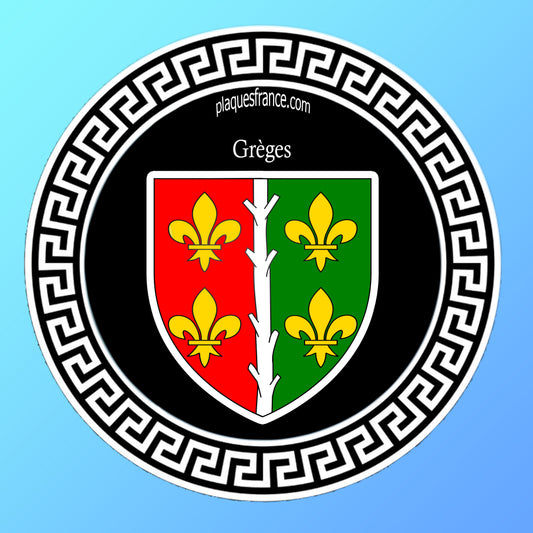 Plaque métal décorative ronde noire Ø 30 cm blason Grèges, Seine Maritime (76)