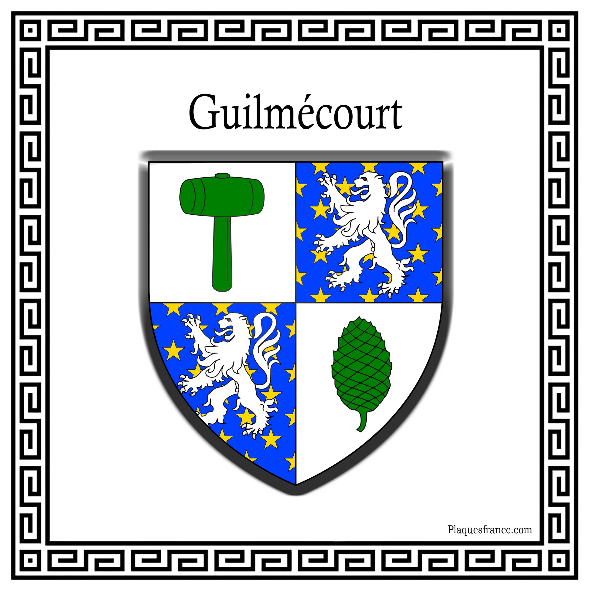 Plaque métal décorative carrée blanche blason Guilmécourt, Seine Maritime (76)