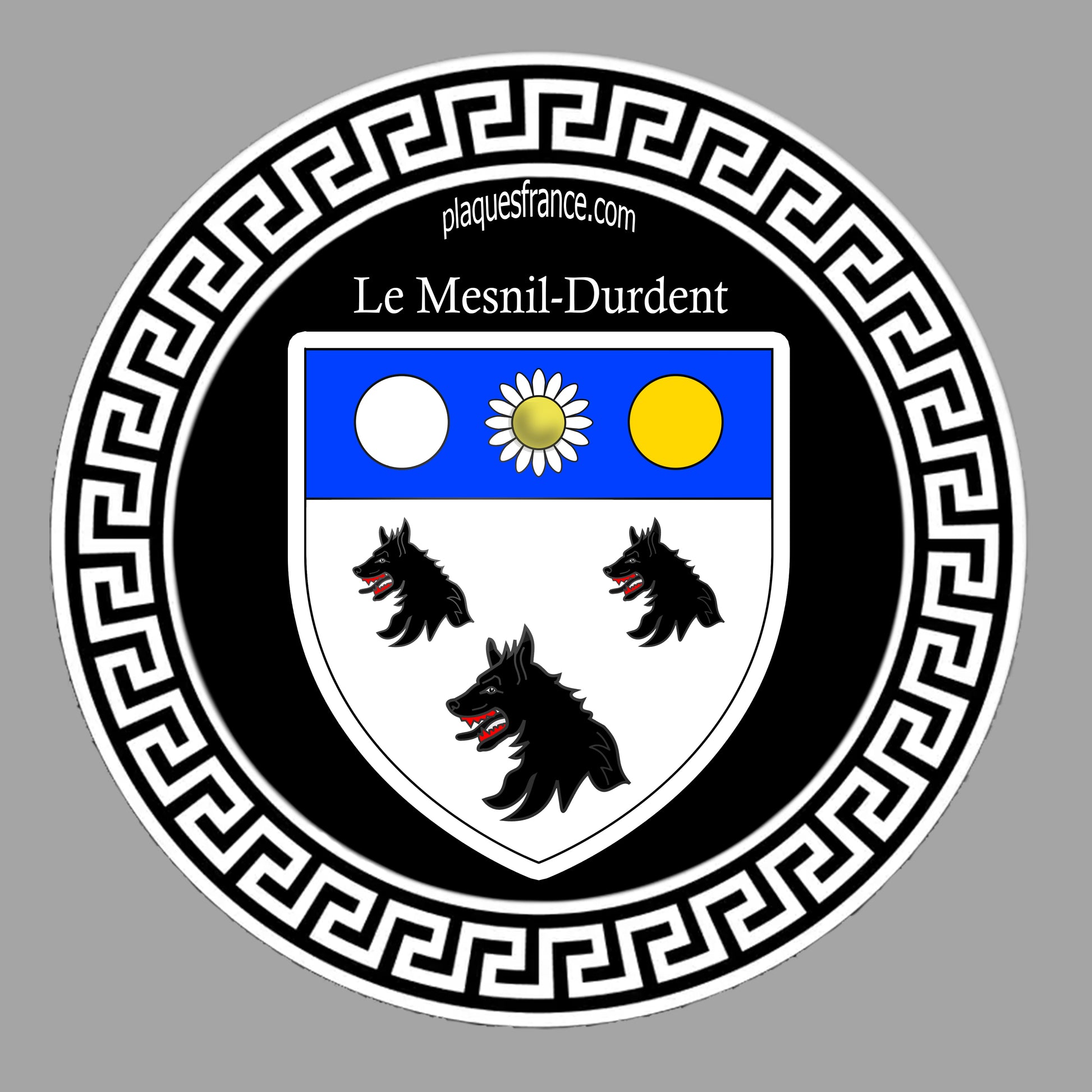 Plaque métal décorative ronde noire Ø 30 cm blason Le Mesnil-Durdent, Seine Maritime (76)