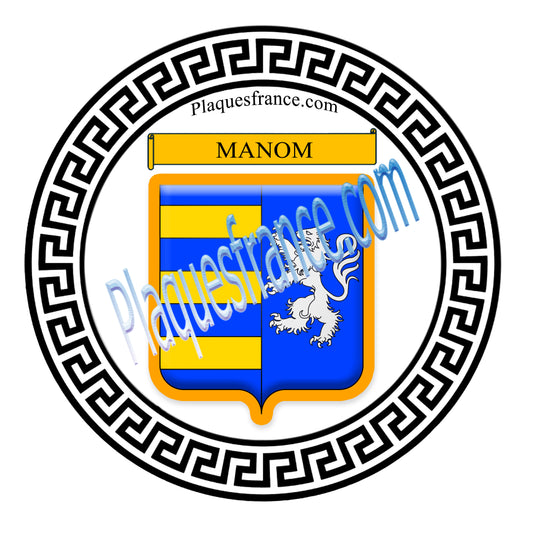 Plaque métal décorative fond blanc ronde Ø 30 cm blason Manom, canton Yutz Moselle 57