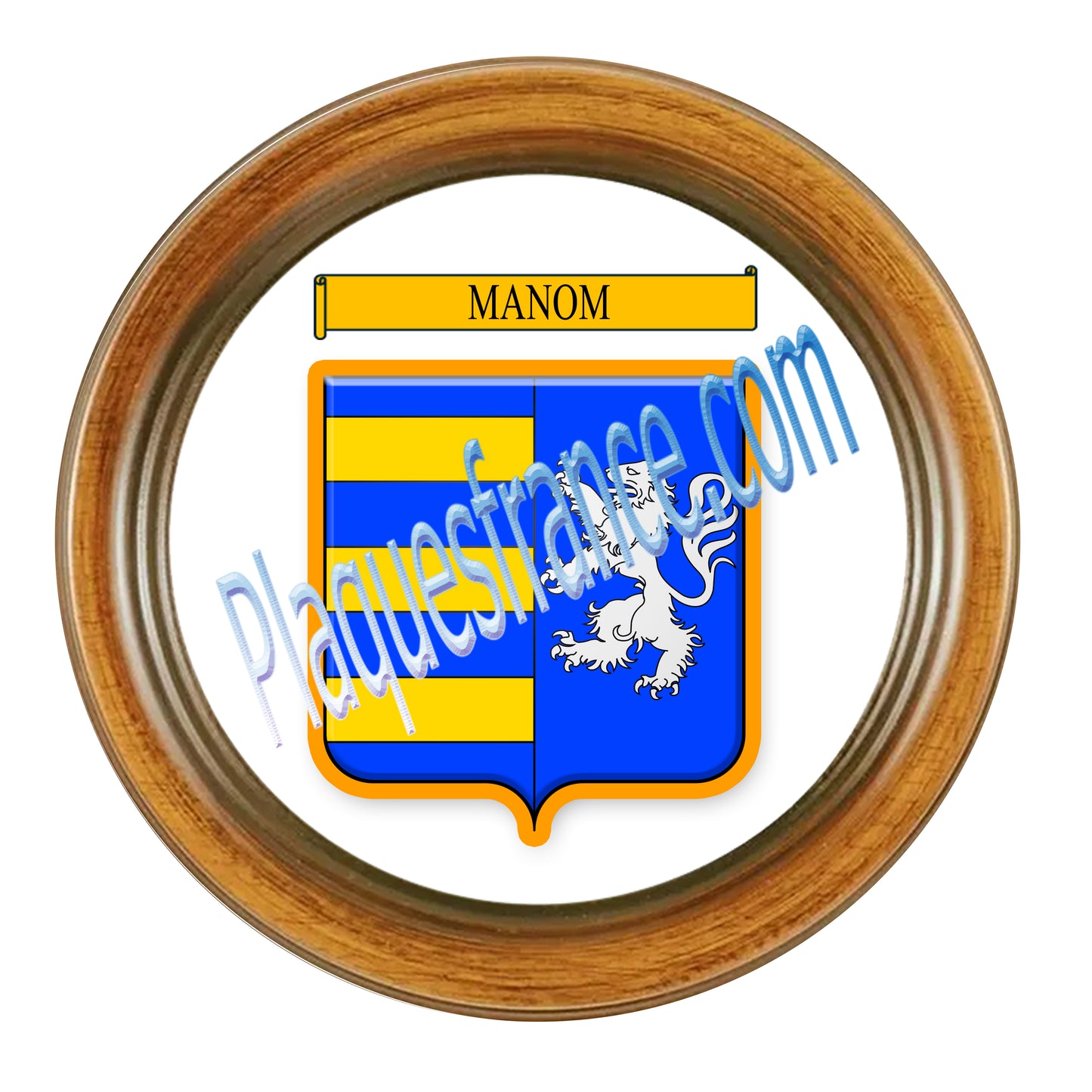 Plaque métal décorative façon cadre bois ronde Ø 30 cm blason Manom, canton Yutz Moselle 57