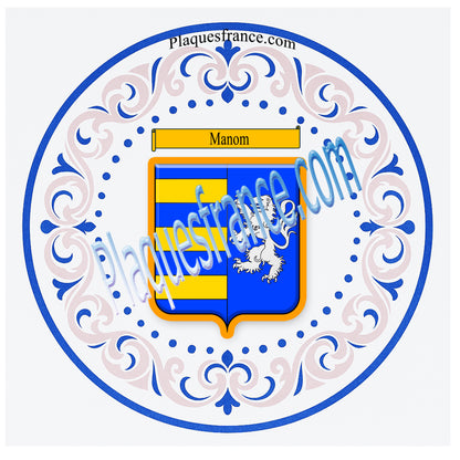 Plaque métal décorative aile lys ronde Ø 30 cm blason Manom, canton Yutz Moselle 57