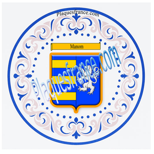 Plaque métal décorative aile lys ronde Ø 30 cm blason Manom, canton Yutz Moselle 57