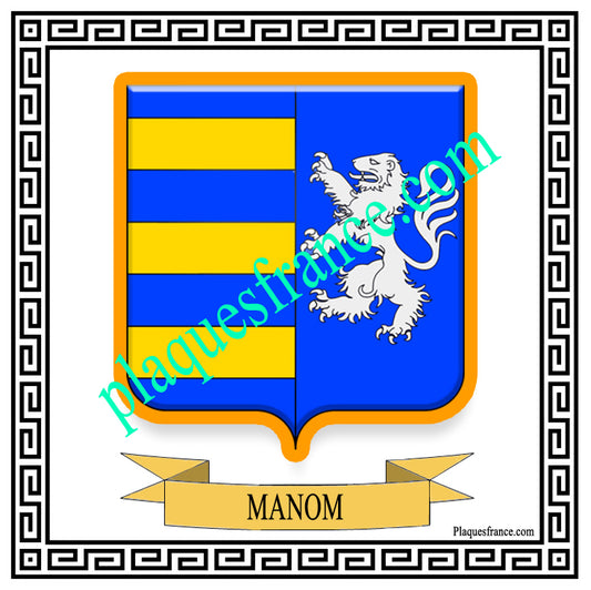 Plaque métal décorative fond blanc carrée 30 x 30 cm blason Manom, canton Yutz Moselle 57