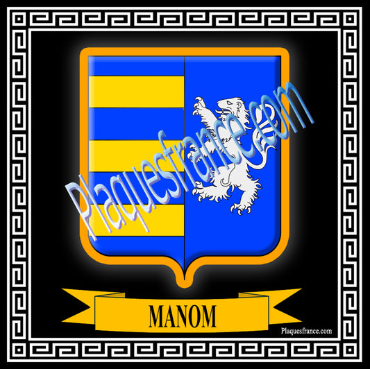 Plaque métal décorative fond noir carrée 30 x 30 cm blason Manom, canton Yutz Moselle 57