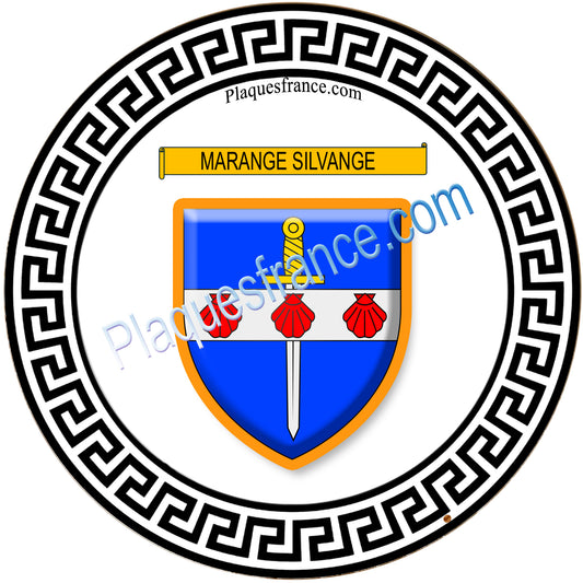 Plaque métal décorative fond blanc ronde Ø 30 cm blason Marange-Silvange, canton de Rombas, Moselle 57