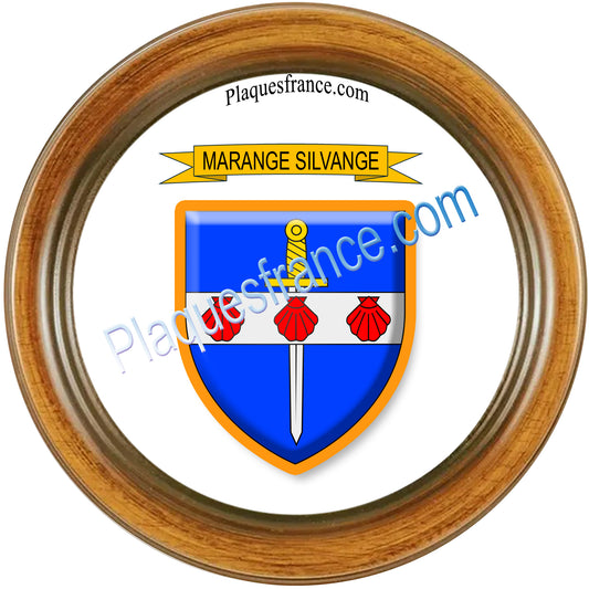 Plaque métal décorative cadre bois ronde Ø 30 cm blason Marange-Silvange, canton de Rombas, Moselle 57