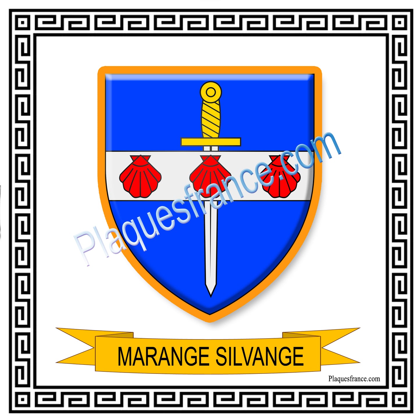 Plaque métal décorative fond blanc carrée 30 x 30 cm blason Marange-Silvange, canton de Rombas, Moselle 57