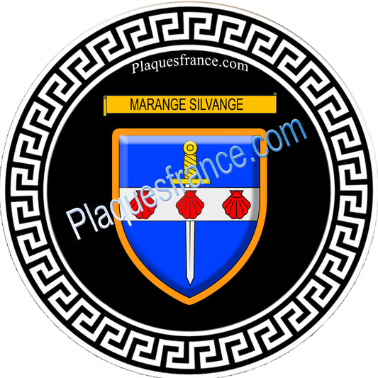 Plaque métal décorative fond noir ronde Ø 30 cm blason Marange-Silvange, canton de Rombas, Moselle 57