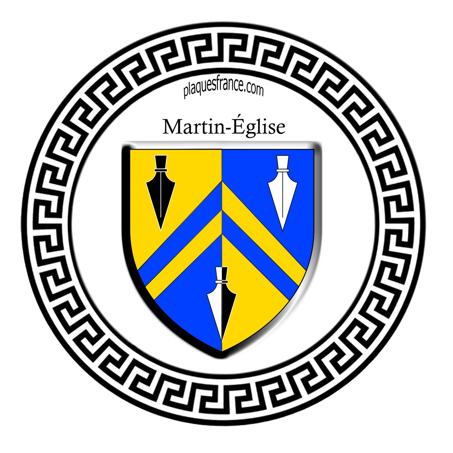 Plaque métal décorative ronde blanche Ø 30 cm blason Martin-Église, Seine Maritime (76)