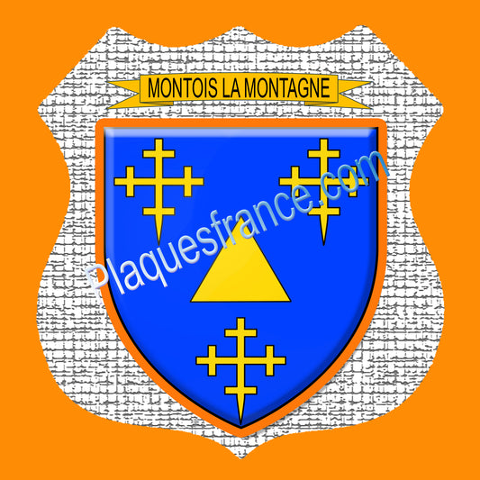 Plaque métal décorative écusson fond craquelures blason Montois-la-Montagne.