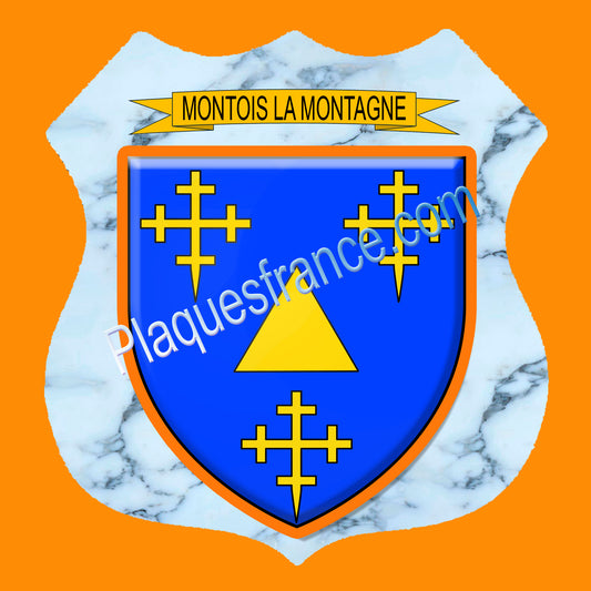 Plaque métal décorative écusson fond marbre blason Montois-la-Montagne.