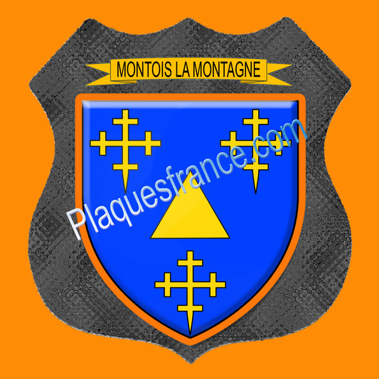 Plaque métal décorative écusson fond métal+verre blason Montois-la-Montagne.