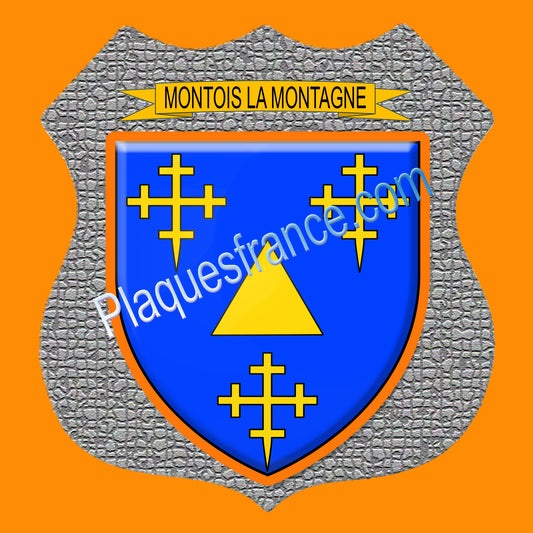 Plaque métal décorative écusson fond mozaique blason Montois-la-Montagne