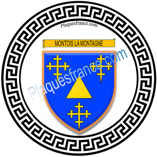 Plaque métal décorative fond rond blanc blason Montois-la-Montagne.