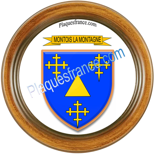 Plaque métal décorative fond rond cadre bois blason Montois-la-Montagne.