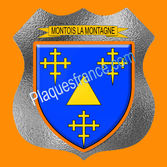 Plaque métal décorative écusson fond verre dépoli  blason Montois-la-Montagne.