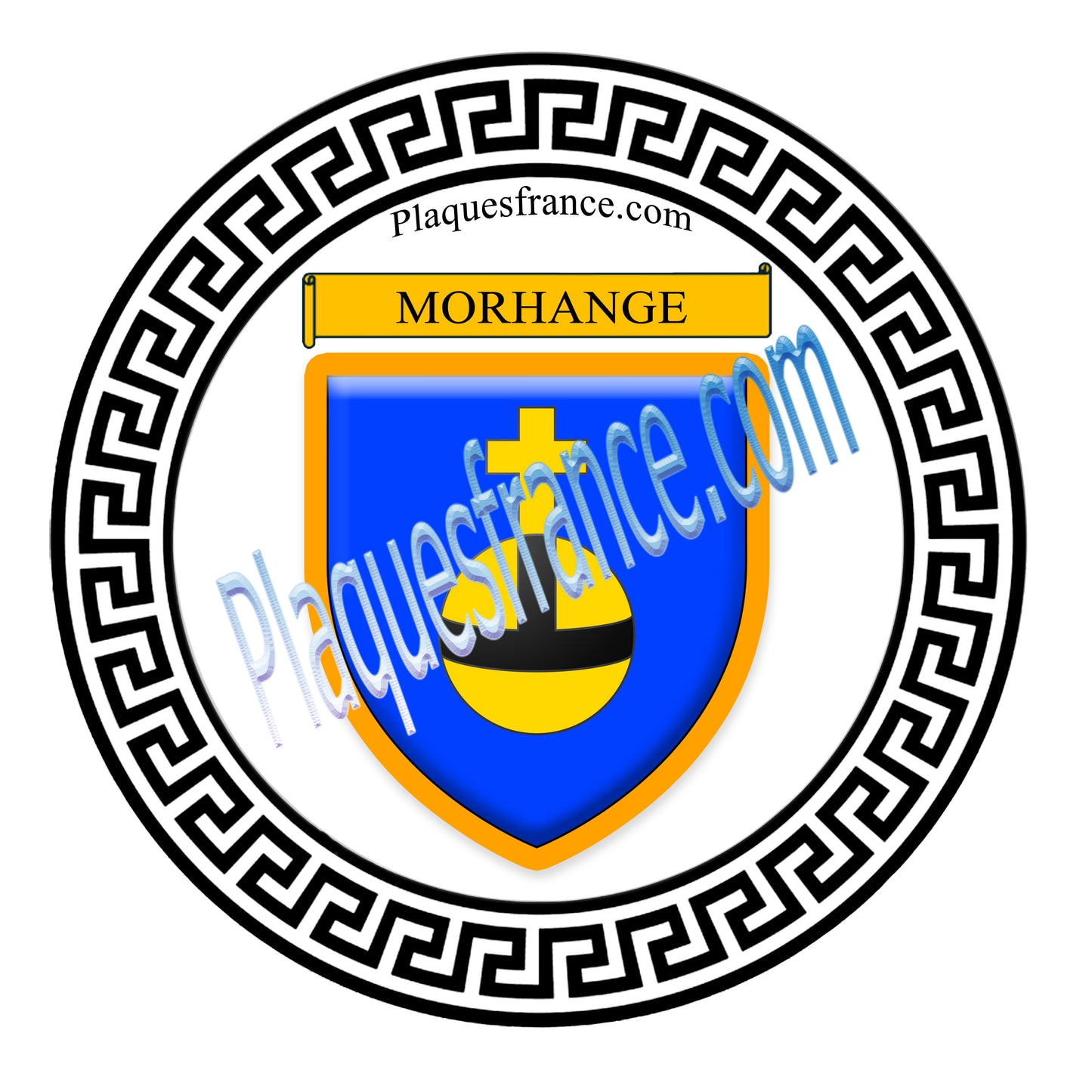 Plaque métal décorative fond blanc ronde Ø 30 cm blason Morhange, canton Sarralbe Moselle 57