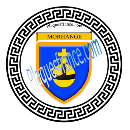 Plaque métal décorative fond blanc ronde Ø 30 cm blason Morhange, canton Sarralbe Moselle 57