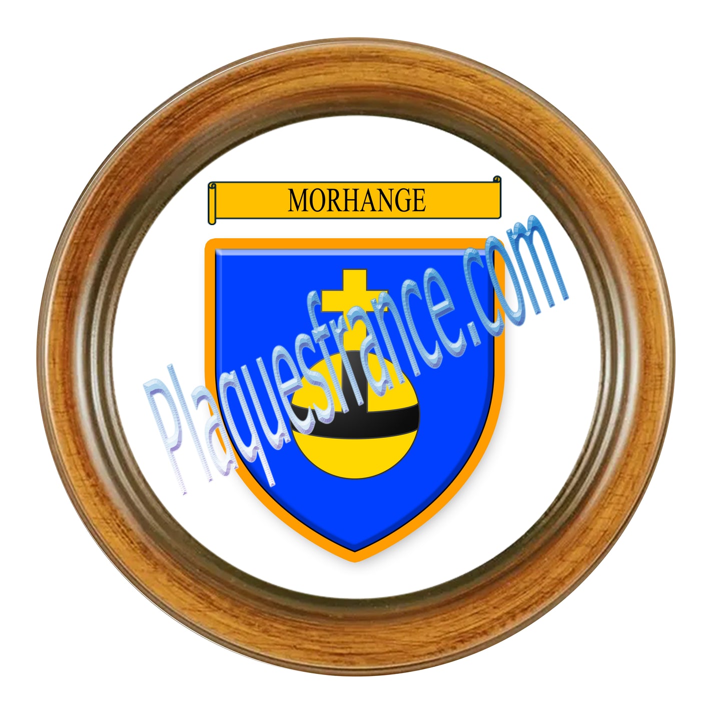 Plaque métal décorative façon cadre bois ronde Ø 30 cm blason Morhange, canton Sarralbe Moselle 57