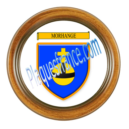 Plaque métal décorative façon cadre bois ronde Ø 30 cm blason Morhange, canton Sarralbe Moselle 57