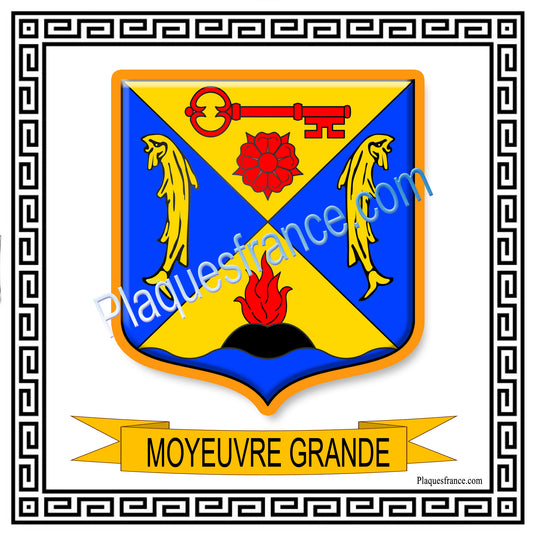 Plaque métal décorative fond blanc carrée 30 x  30 cm blason Moyeuvre-Grande, canton de Hayange, Moselle 57