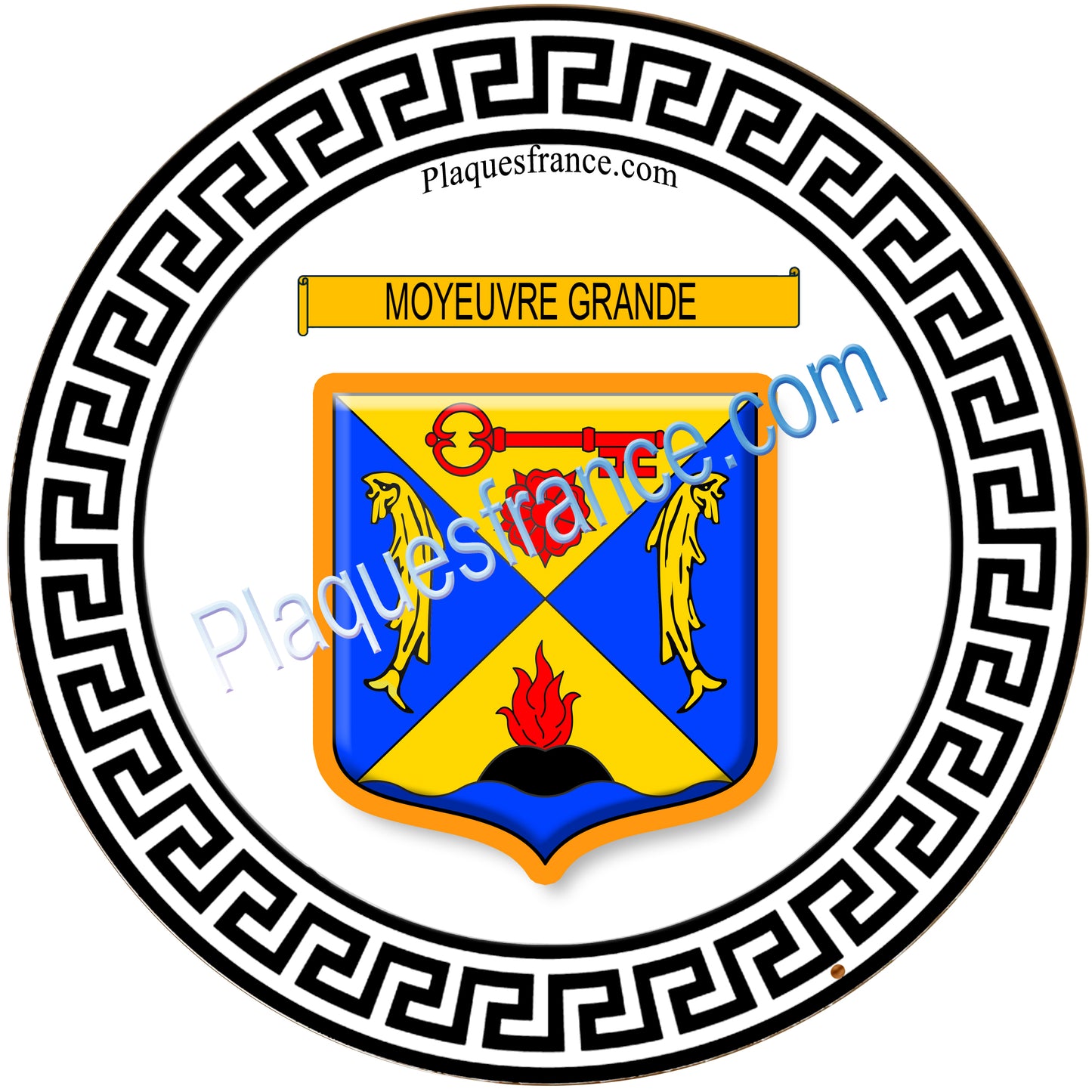 Plaque métal décorative fond blanc ronde Ø 30 cm blason Moyeuvre-Grande, canton de Hayange, Moselle 57