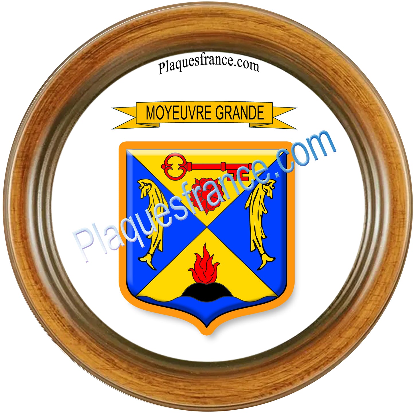 Plaque métal décorative cadre bois ronde Ø 30 cm blason Moyeuvre-Grande, canton deHayange, Moselle 57