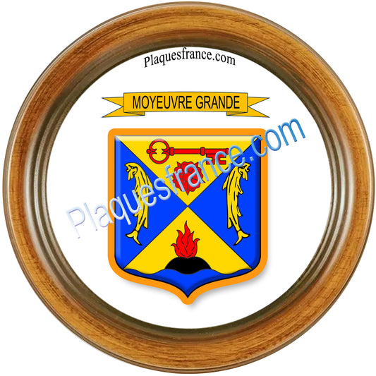 Plaque métal décorative cadre bois ronde Ø 30 cm blason Moyeuvre-Grande, canton deHayange, Moselle 57