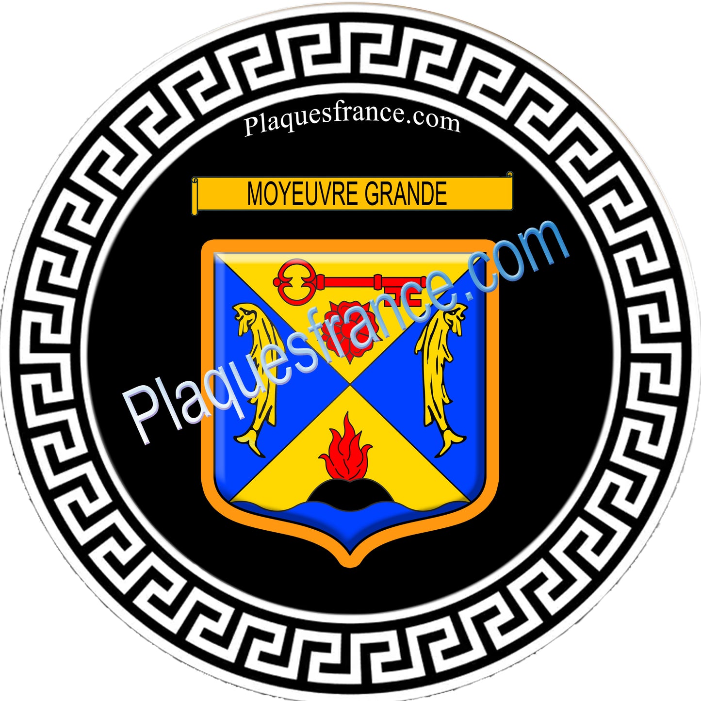 Plaque métal décorative fond noir ronde Ø 30 cm blason Moyeuvre-Grande, canton de Hayange, Moselle 57