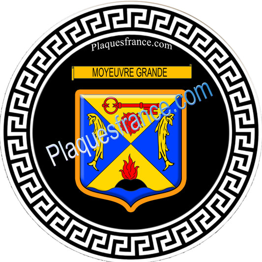 Plaque métal décorative fond noir ronde Ø 30 cm blason Moyeuvre-Grande, canton de Hayange, Moselle 57