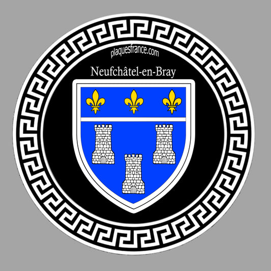 Plaque métal décorative ronde noire Ø 30 cm blason Neufchatel en Bray, Seine Maritime (76)