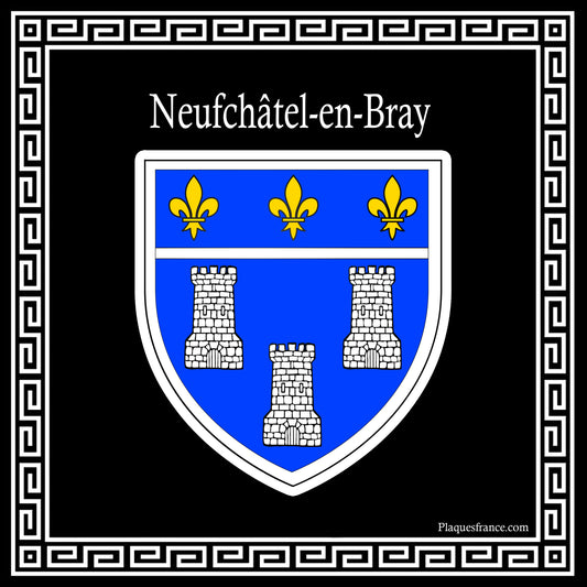 Plaque métal décorative carrée noire 30X30 cm blason Neufchatel en Bray, Seine Maritime (76)
