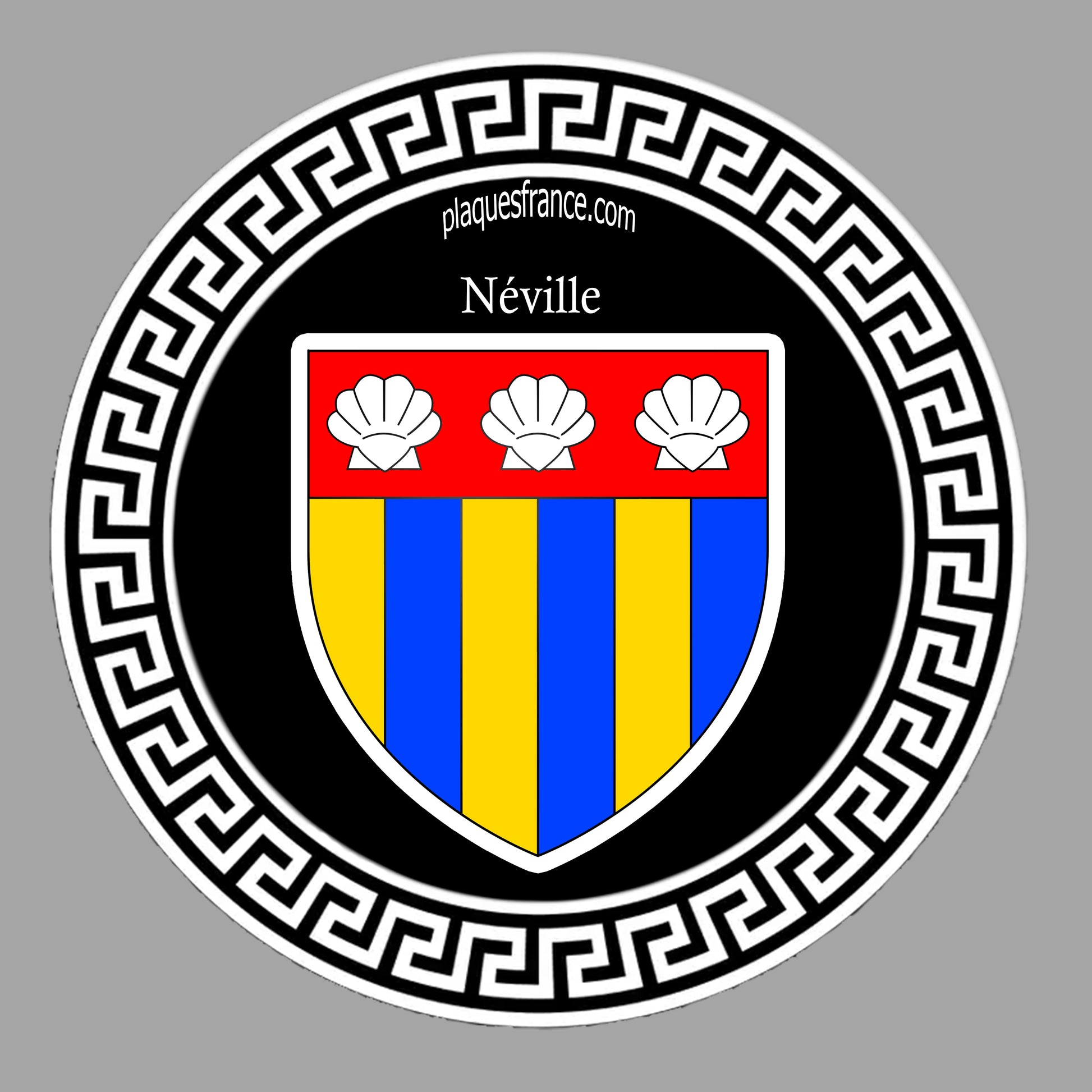 Plaque métal décorative ronde noire Ø 30 cm blason Néville, Seine Maritime (76)