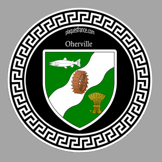 Plaque métal décorative ronde noire Ø 30 cm blason Oherville, Seine Maritime (76) 