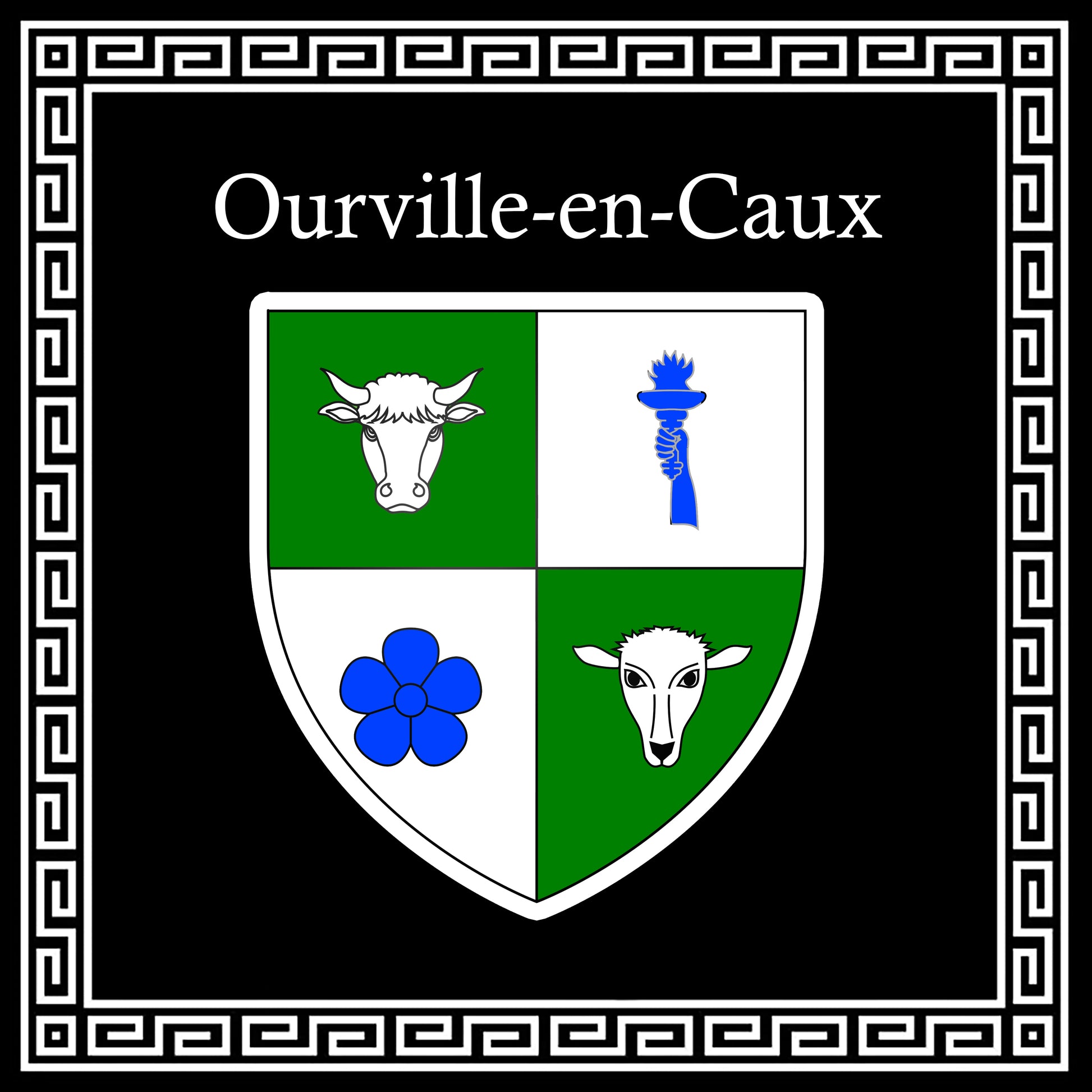 Plaque métal décorative carrée noire 30 X 30 cm blason Ourville-en-Caux, Seine Maritime (76)
