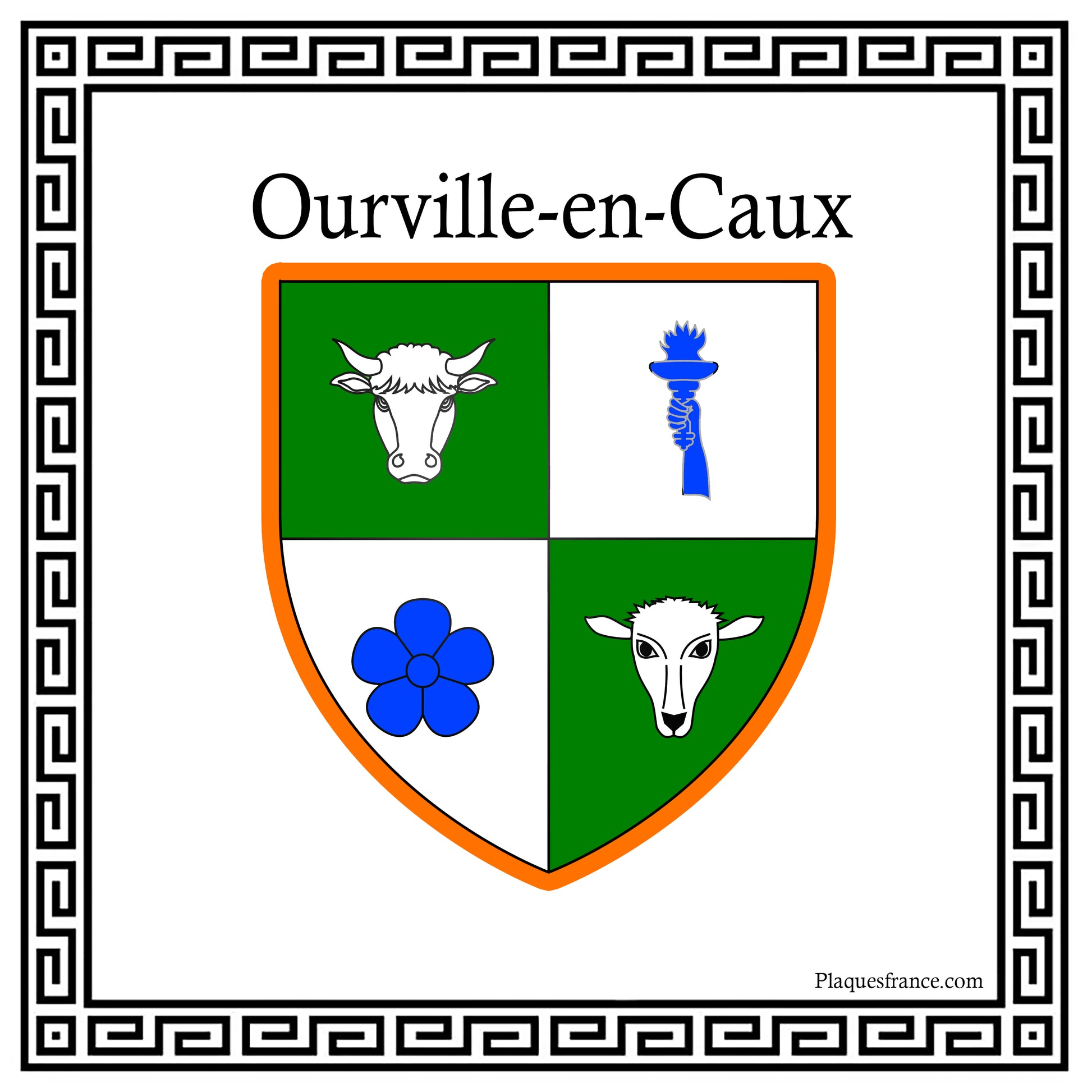 Plaque métal décorative carrée blanche 30 X 30 cm blason Ourville-en-Caux, Seine Maritime (76)